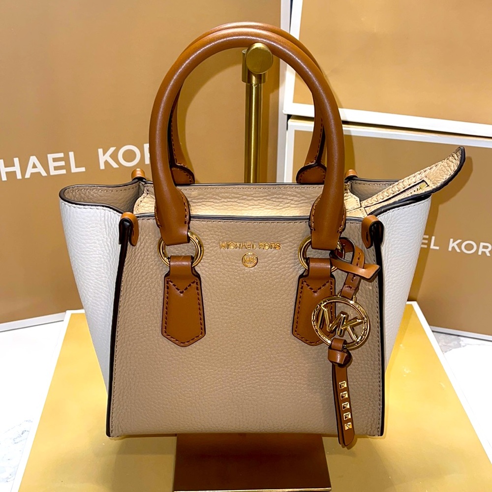 Michael Kors Kris Small Color-Block Pebbled Leather Satchel, camel/cream gold